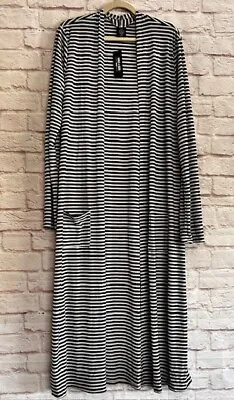 1X/2X New Black White Stripe Maxi Long Cardigan Duster Pockets Jacket • $26.99