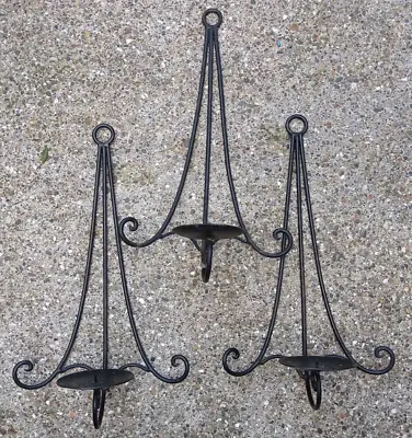 Set Of Three Black Metal Wall Hanging Sconce Single Candle Holders 3pc • £34.99