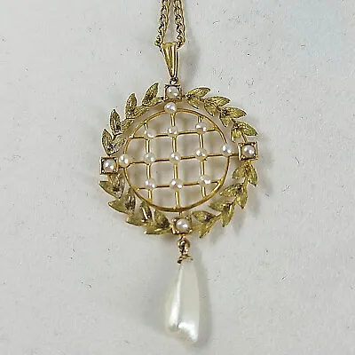 Antique Edwardian 10 K Wreath Motif Pearl Pendant W/ Mississippi Pearl • $250