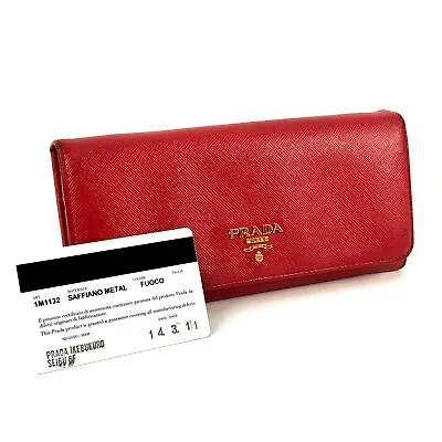 PRADA Saffiano Long Wallet Red Leather Authentic #177 • $109.99
