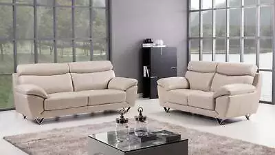 2PC Light Gray Modern Contemporary Top Grain Leather Sofa Loveseat Set • $3499
