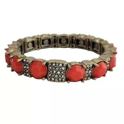 J CREW Brass Rhinestones Beads Link Stretch Bracelet Gold Tone Coral Pink Signed • $17.49