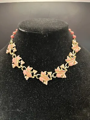 Vintage Coro Gold Tone 18” Necklace With Pink Enamel Leafs Pink Beads. • $25