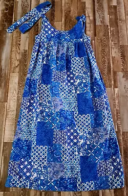 Vintage Womens Maxi Dress Blue Patchwork W Matching Hair Scarf Cotton Boho S • $34.99