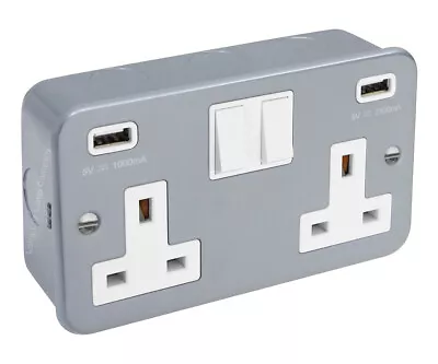 METAL CLAD 13 Amp Double 2 Gang USB Switched Electrical Wall Plug Socket MCUSB • £56.99