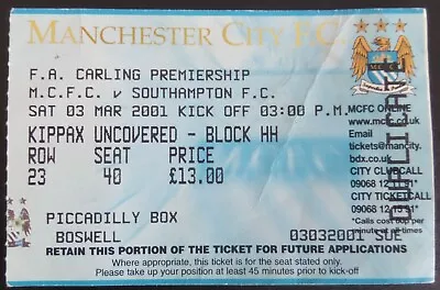 Manchester City V Southampton   3-3-2001   Ticket Stub   • £1.95