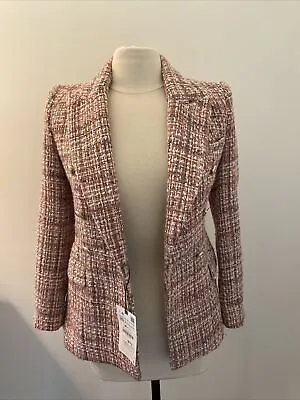 Zara Womens Size XS Pink Tweed Double Breasted Gold Buttons Shoulder Pads • $47.08