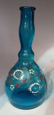 Antique Turquoise Blue Glass Pontiled Barber Bottle With Enameled Flowers Pontil • $49.99