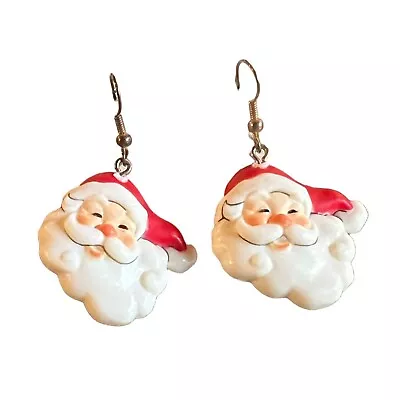 Vintage Plastic Enameled Santa Dangle Earrings Hook Backs • $11.99