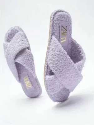 $49 • Buy Zara Terrycloth Flat Crossed Strap Sandals Slippers Size 10 / 41 NWT