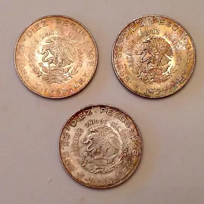 - Lot Of 3- Beautifully Toned 1956 Mexico 10 Silver Pesos - Uncirculated Unc • $195