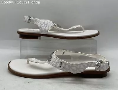 Michael Kors Womens White Monogram Leather Buckle Thong Sandals Size 6.5 M • $19.99