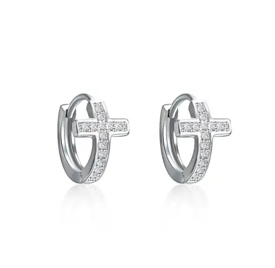 925 Sterling Silver Cz Cross Huggie Hoop Earrings 13mm Men Women Snap Gift I88 • $16.95