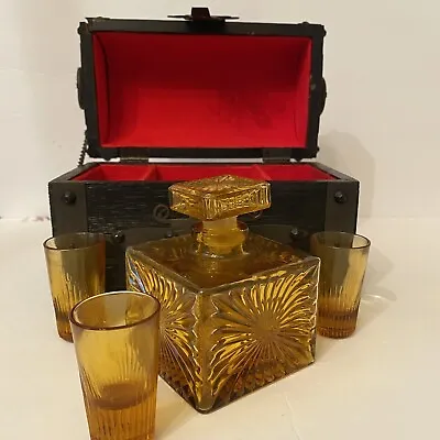 Vintage Treasure Chest With Empty Decanter & 3 Shot Glasses Amber Glass • $47