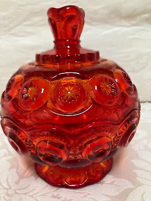 Vintage L.E. Smith Moon And Stars Red Glass Lidded Compote Candy Dish 7.5  High • $45