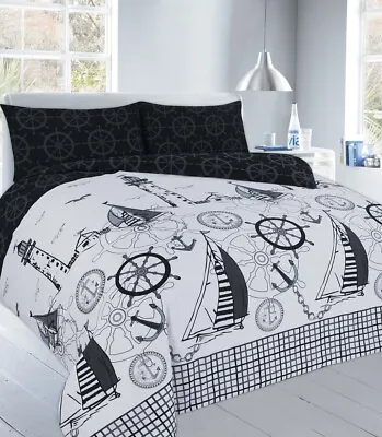 Nautical Seaside Beach Black Printed Duvet Cover And Pillowcase Bedding Set  • £17.50