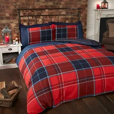 Tartan Check Stripe Reversible Duvet Set Single Double King Red • £12.55