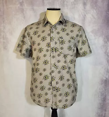 VOLCOM Modern Fit Short Sleeve Button Up Shirt Grey Yin Yang Starburst LARGE • $9.99