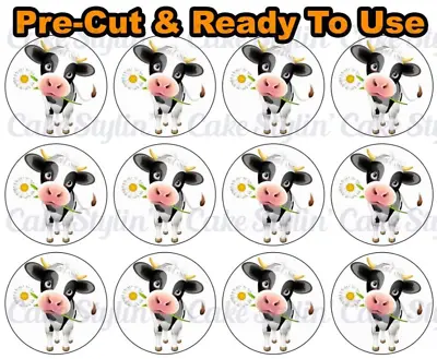 12 X CUTE COWS Edible Cupcake Toppers Wafer Paper 4cm Daisy Farm Animal PRE-CUT • $6.95