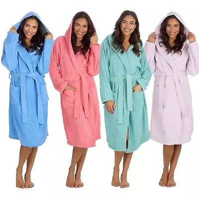 Womens Terry Towelling Bathrobe 100% Cotton Hooded Bath Robe Size 10-24 • £18.95