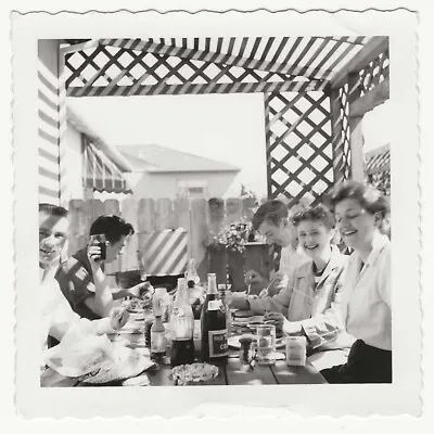 Men Women Eating Dinner Party Lattice Patio Nice Shadows Vintage Snapshot Photo • $4.20