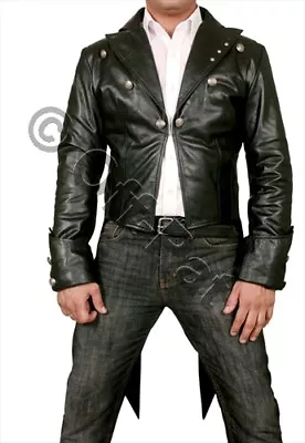 Mans 100% REAL LEATHER Black TAILCOAT Steampunk Jacket Morning Dress Coat  GOTH • $94.06