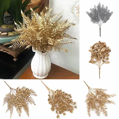Artificial Gold Silver Plant Leaves Faux Flowers Wedding Home Decor DIY Craft • £3.59