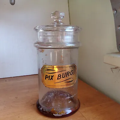 1880s LABEL UNDER GLASS PIX BURG APOTHECARY DRUGSTORE COVERED JAR WITH GLASS LID • $130