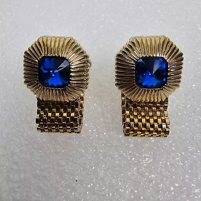 Swank Vintage Wrap Around Mesh Cufflinks Gold Tone Blue Crystal Glass Rhinestone • $17.95