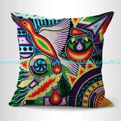 Pillow Living Room Huichol Mexican Tribal Artwork Bird Peyote Cushion Cover • $15.95