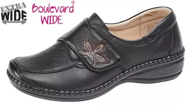 Ladies Wide EEE Fit Touch Fastening Faux Leather Slip On Casual Smart Shoes • £20.95