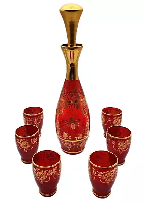 Murano Gold Painted Ruby Red Glass Decanter W Stopper With 6 Shot Glasses Signed • $70