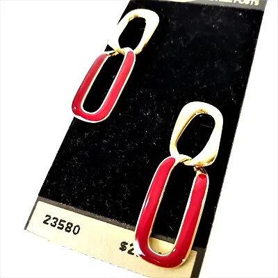 Monet Vintage Link Dangle Earrings Red Enamel Gold Tone Pierced New Old Stock • $32.40