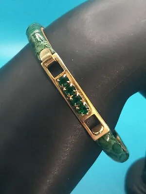 Vintage Green Stones 24K Gold-plated Leather Snake Print Made In Italy Bracelet • $16.99