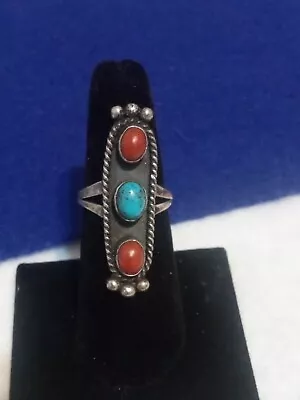 Vtg Navajo Turquoise & Red Coral Sterling Silver Ring Size 7 • $39.99