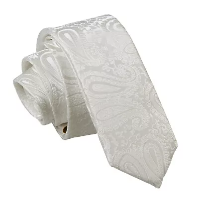 Ivory Skinny Tie Woven Floral Paisley Mens Formal Wedding Necktie By DQT • £7.99