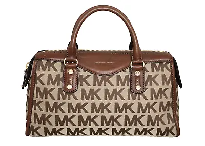 MICHAEL KORS Signature Jacquard East West Satchel Khaki Fabric Brown Leather • $75