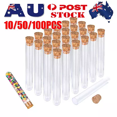 100 X Clear Plastic Test Tube With Wooden Cork Stopper Wedding Favors Bottles G • $6.99
