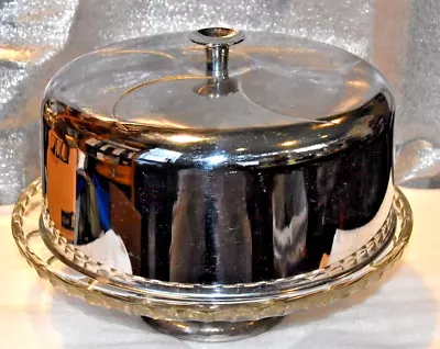 Vtg Metal Footed Glass Cake Plate With Metal Silver Plated Dome Lid & Metal Knob • $18.50