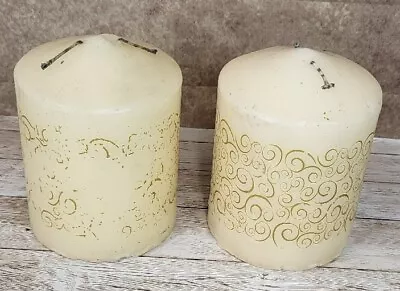  2 X Patterned Candles Altar Pillar Large Cream Colour. • £14