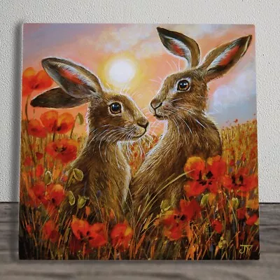 Hare Ceramic Tile Picture Plaque Sign Red Floral Sharing Sundown By Judith Yates • £24.99