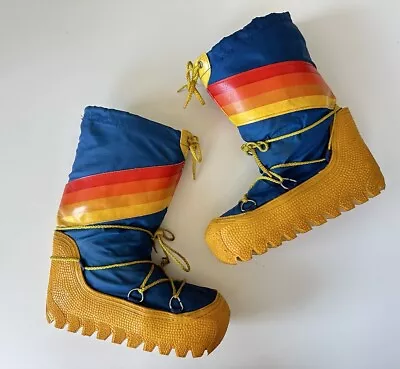 Vintage 80s Rainbow Moon Boots Blue Nylon Yellow Sole Winter Snow Boots • $265.14