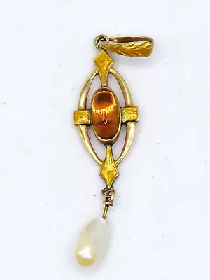 ANTIQUE 10k YELLOW GOLD LAVALIER PENDANT W CITRINE STONE & BAROQUE PEARL • $105.84