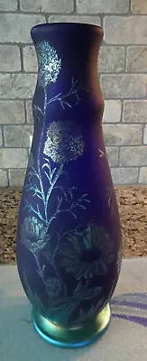 Signed 1984 Vandermark Floral Cameo Art Glass Debbie Miller Blue Aurene Vase • $310.50