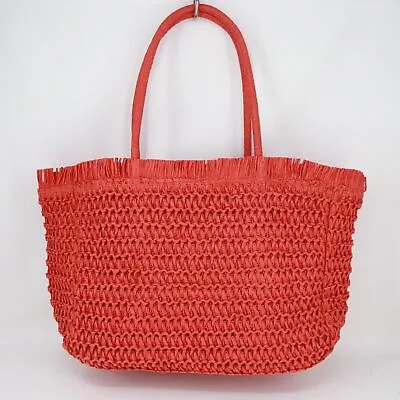 HM Tote Beach Bag Blood Orange Straw Paper Fiber Handbag Purse Ruffle Edge Bag • $14.95