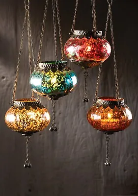 Small Hanging Crackle Glass Moroccan Style Tealight Lantern Holder • £14.99