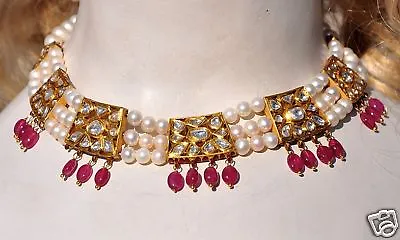 Vintage 23kt Gold Diamond Natural Ruby Mughal Choker Necklace Double Sided • $8000