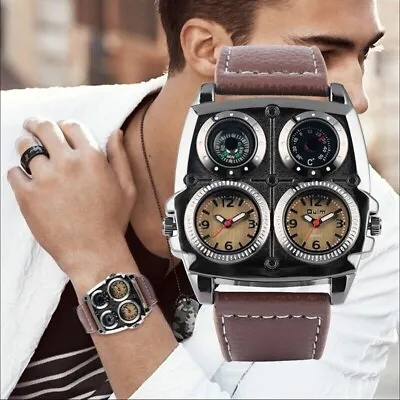 OULM Men Dual Time Zone Military Watch Decorative Compass Big Dial LeatherHP1140 • $13.47