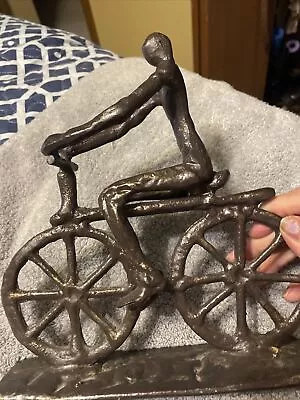 $45 • Buy Brutalist Cast Iron Figure Riding Bicycle Sculpture 9“ Modern Art