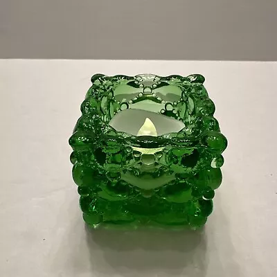 VTG Green Depression Glass Quilted Diamond Pattern Square Votive Candle Holder • $14